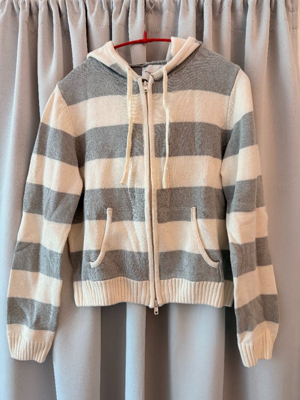 Pink Rose Striped Knit Zip Hoodie Sweater Medium Gray Cream Double Zip